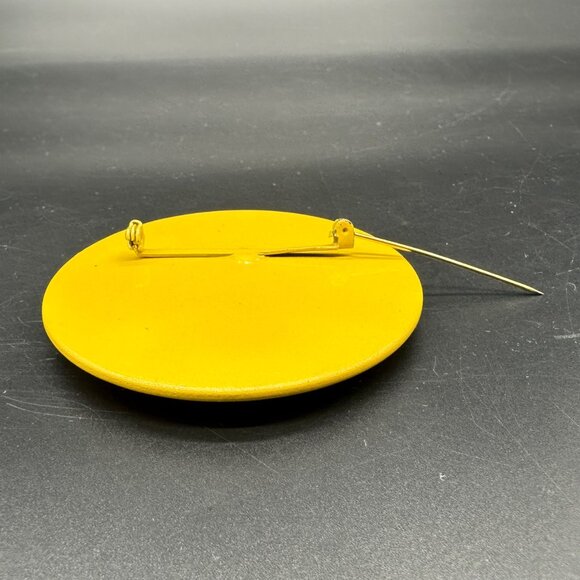 Vintage Brooch Pin 1960s Atomic Moon Orange Yellow Cut Out Dots Metal Enamel - Picture 3 of 9